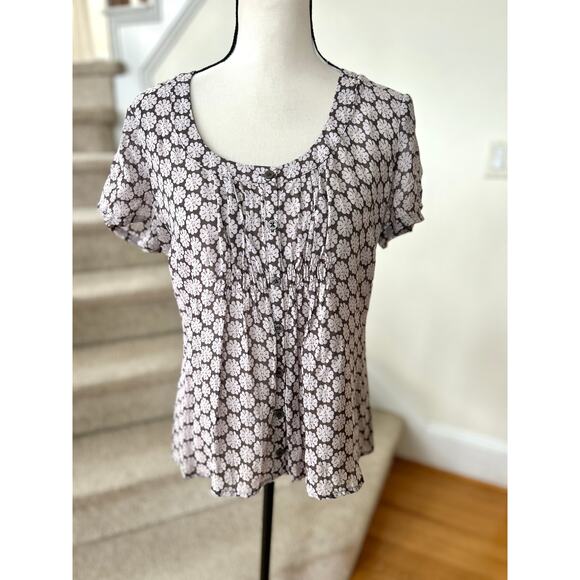 Boden Lavender & Grey Floral Print Empire Waist Short Sleeve Button Down Blouse - Picture 1 of 7